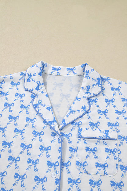 Sky Blue Bow Print Long Sleeve Shirt and Pants Soft Pajama Set - Snoopy's Closet