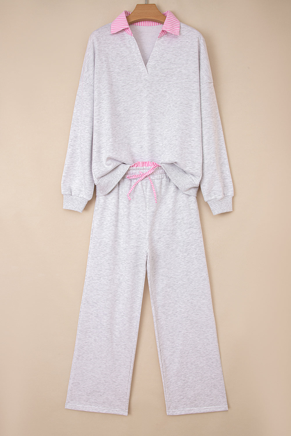 Light Grey 2pcs Contrasted Trim Frilled Collar Drop Shoulder Pullover Drawstring Pant Set - Snoopy's Closet