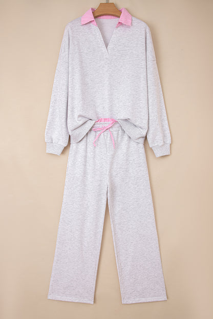 Light Grey 2pcs Contrasted Trim Frilled Collar Drop Shoulder Pullover Drawstring Pant Set - Snoopy's Closet