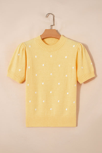 Suéter amarillo crema elegante de manga corta abullonada con lunares