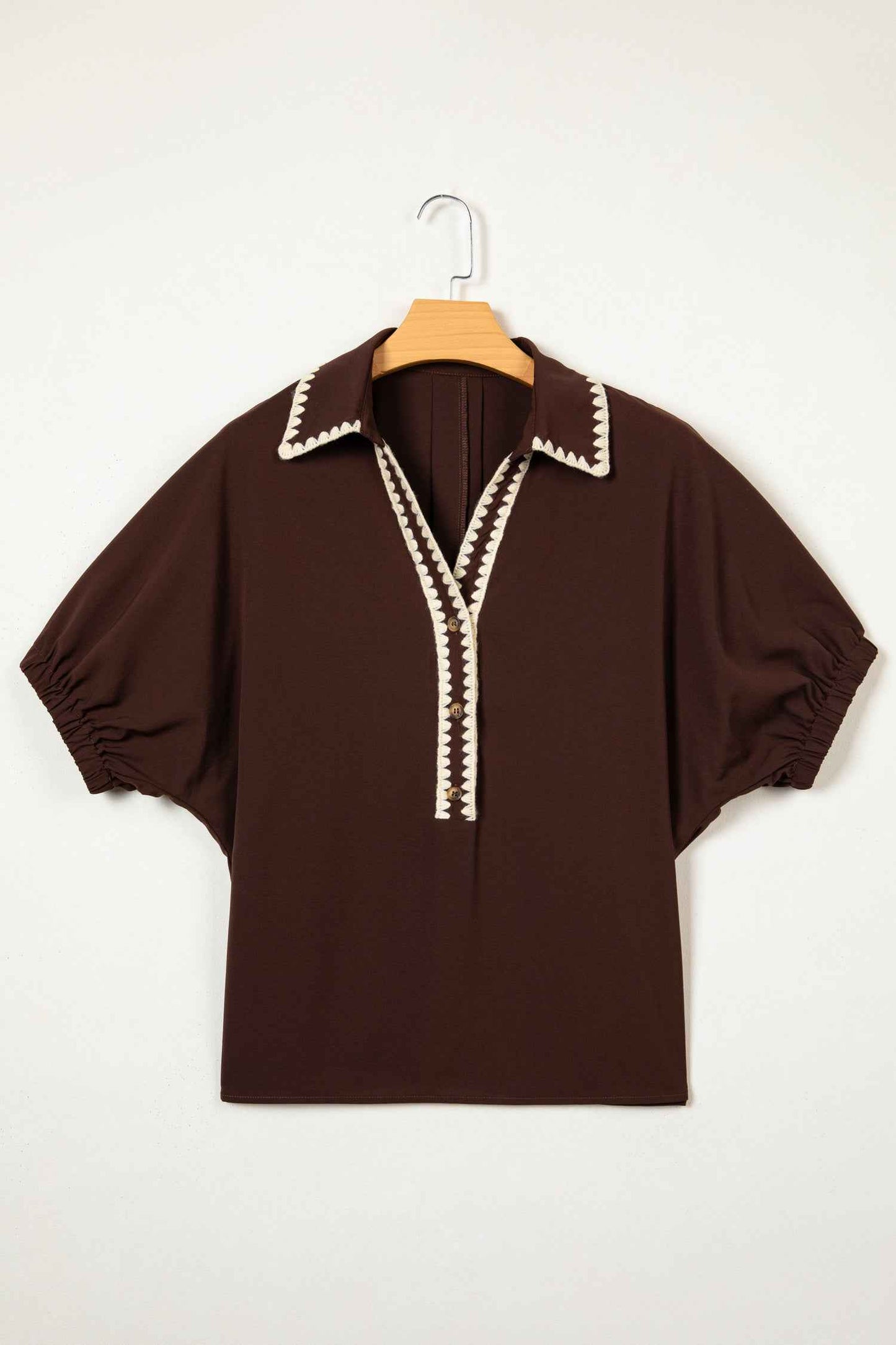 Coffee Shirt Collar Contrast Trim Button V Neck Short Sleeve Blouse