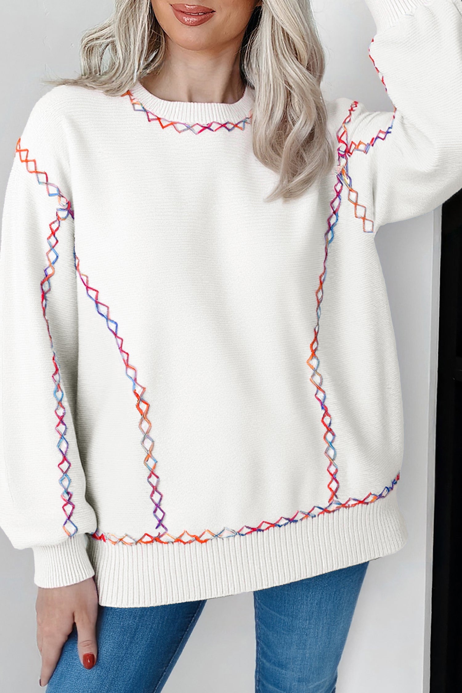 White Rainbow Stitching Balloon Sleeve Relaxed Sweater - Snoopy's Closet