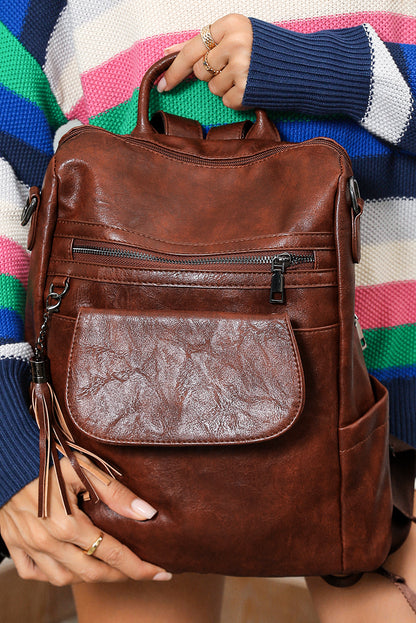 Dark Brown Tassel Decor Retro PU Large Capacity Backpack - Snoopy's Closet