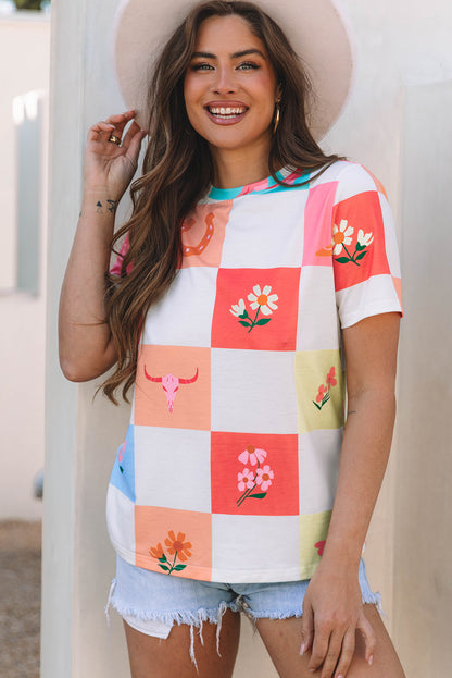 Orange Western Fashion Checker Print Crewneck T Shirt - Snoopy's Closet