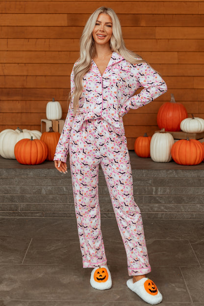 Pink Halloween Eve Haunted Honey Bat Print Pajama Set - Snoopy's Closet