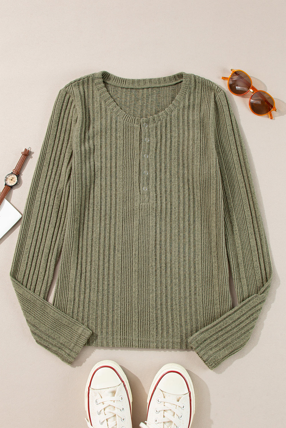 Jungle Green Ribbed Knit Half Button Slim Fit Blouse - Snoopy's Closet