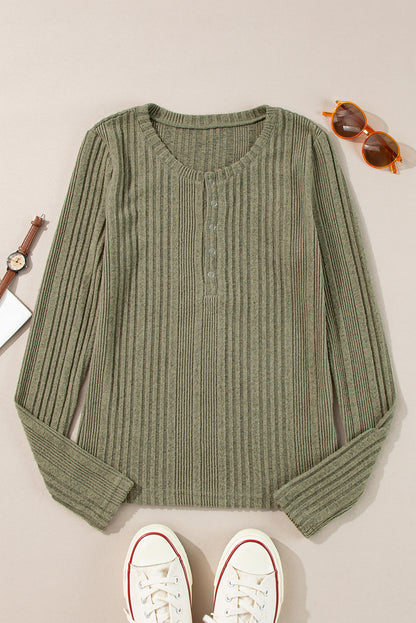 Jungle Green Ribbed Knit Half Button Slim Fit Blouse - Snoopy's Closet