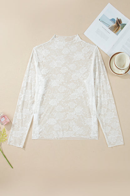 White Plus Size Floral Mesh Long Sleeve Top - Snoopy's Closet