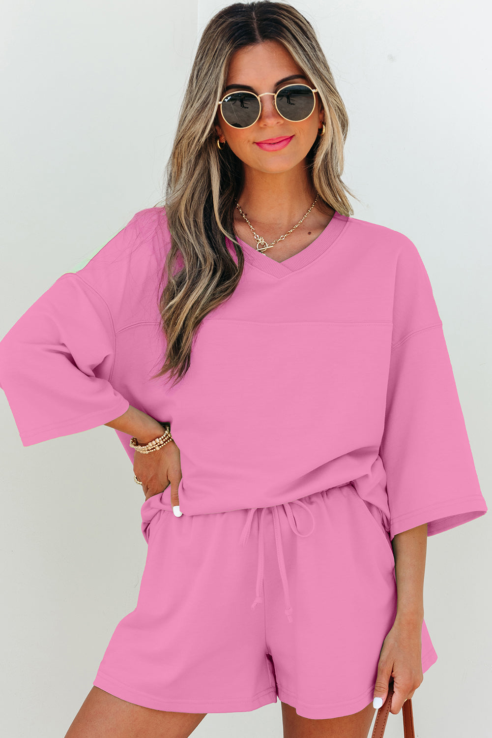 Meadow Mist Green Solid Loose V Neck Half Sleeve Tee and Shorts - Snoopy's Closet