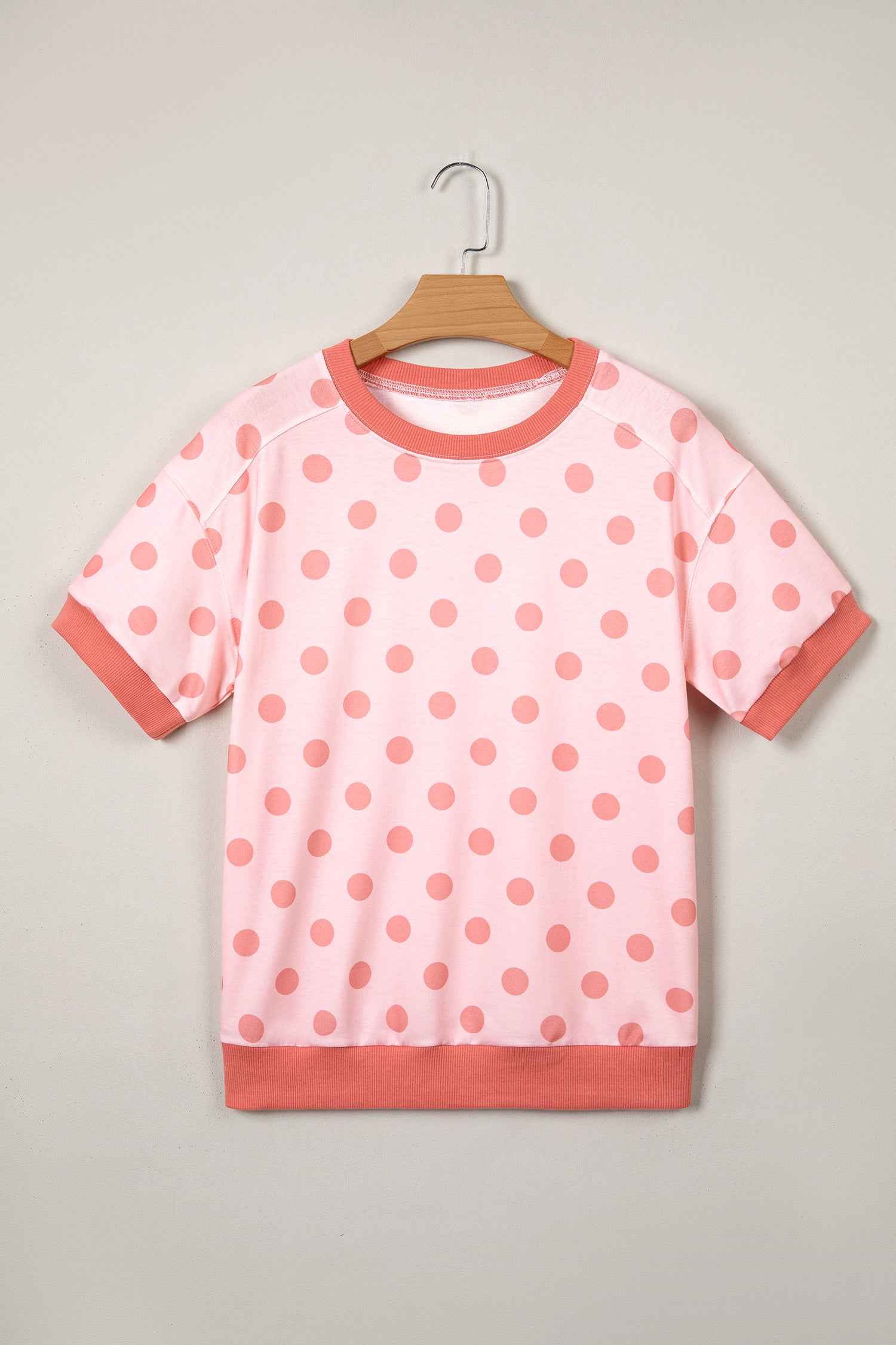 Pink Color Block Trim Polka Dot Casual Tee