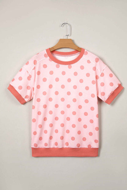 Pink Color Block Trim Polka Dot Casual Tee