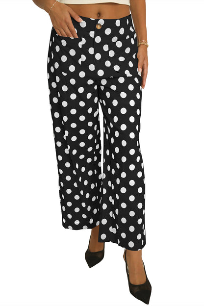 Pantalones de pernera recta de tiro medio con bolsillos de parche y estampado de lunares negros