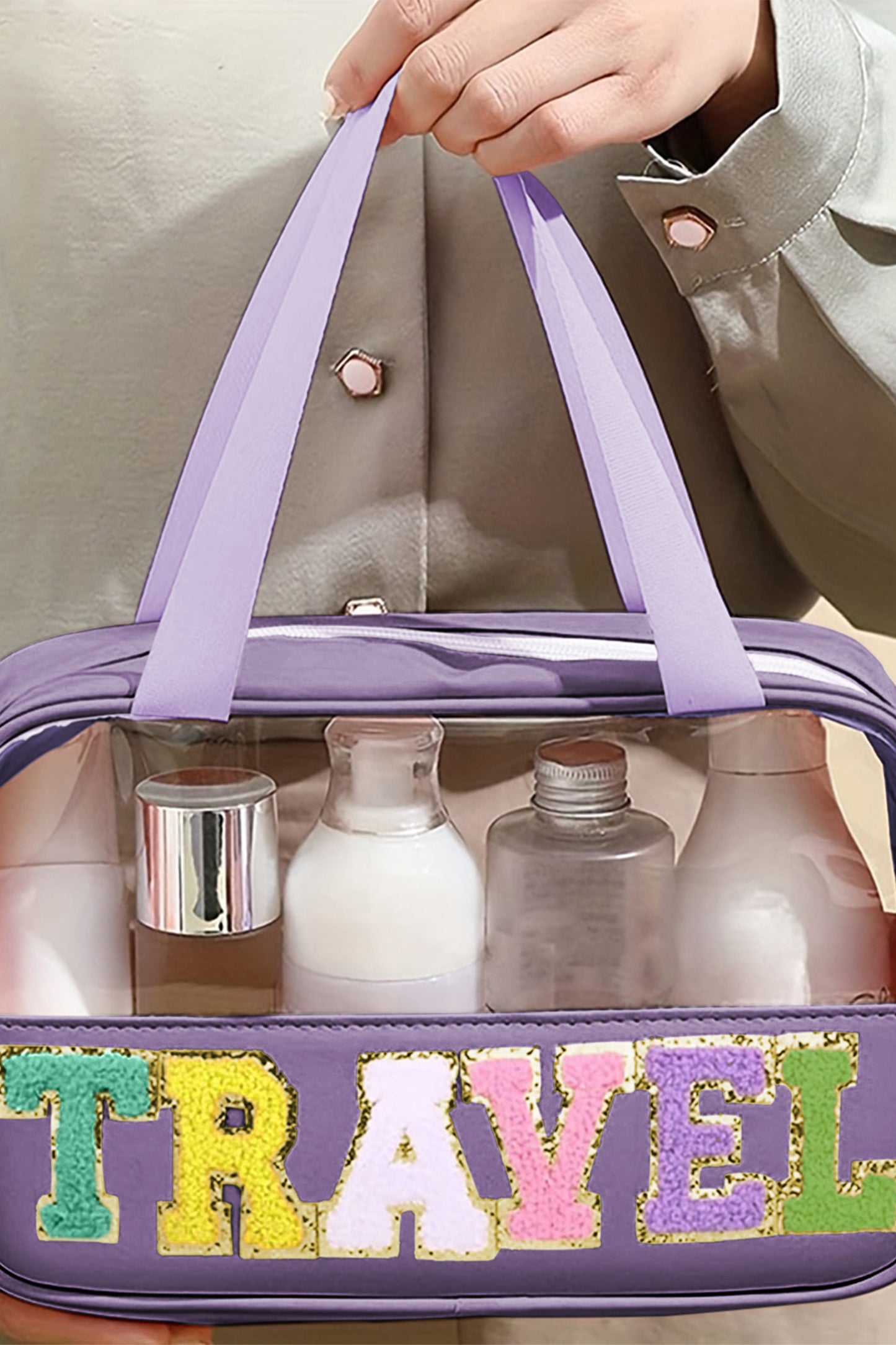 Light Pink TRAVEL Chenille Letter Clear PVC Makeup Bag - Snoopy's Closet