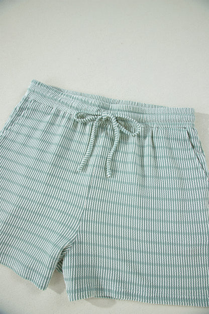 Green Stripe Raised Rib Loose Tee Drawstring Elastic Waist 2pcs Short Set