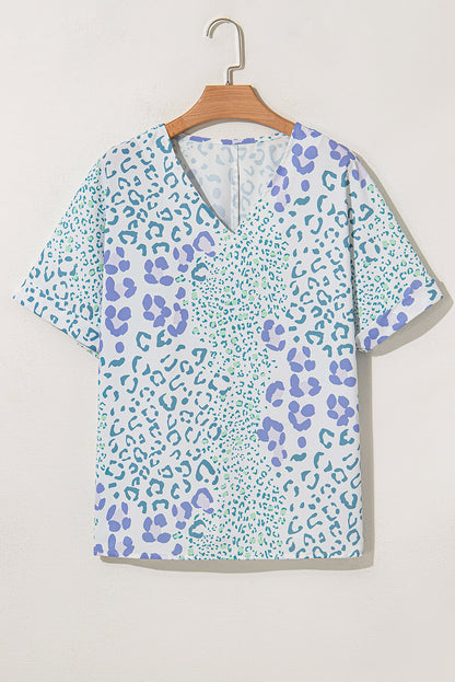 Sky Blue Mixed Leopard Print V Neck Short Sleeve Blouse - Snoopy's Closet