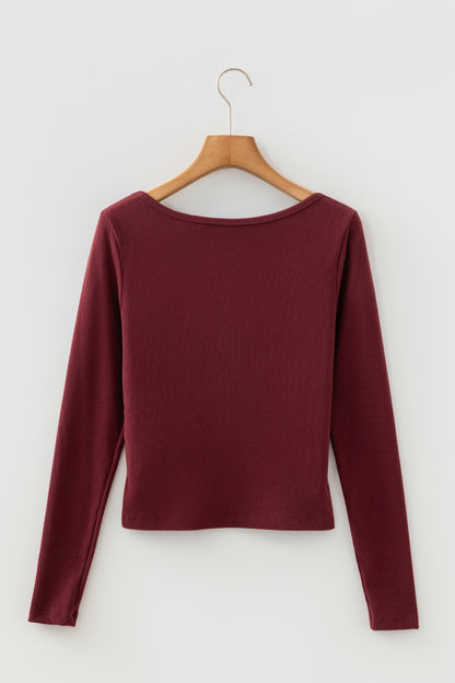 Coffee Ribbed Solid Color U Neck Cropped Long Sleeve Top - Snoopy's Closet