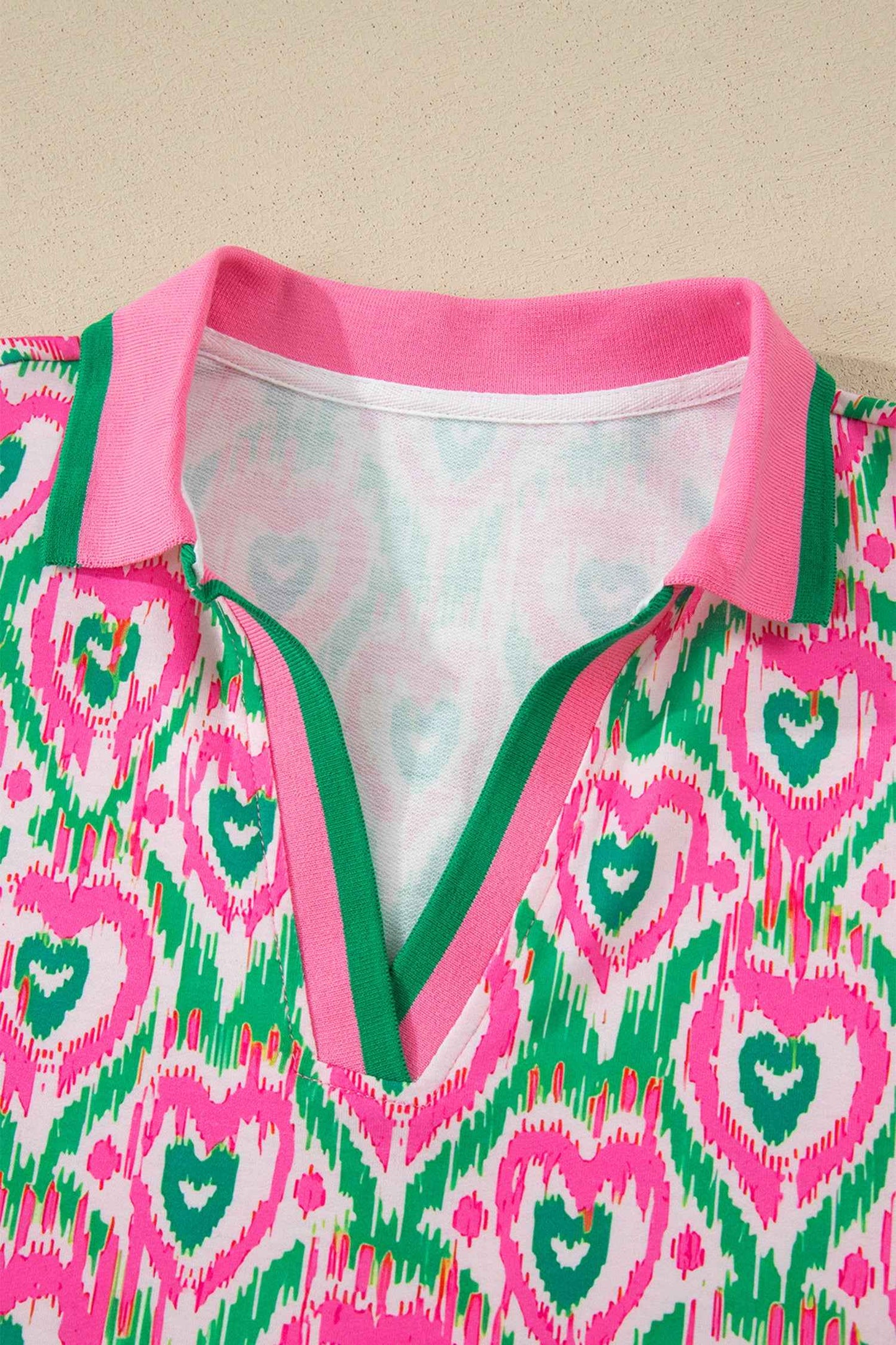 Green Abstract Heart In Heart Print Striped Trim Polo Collar Short Sleeve Blouse