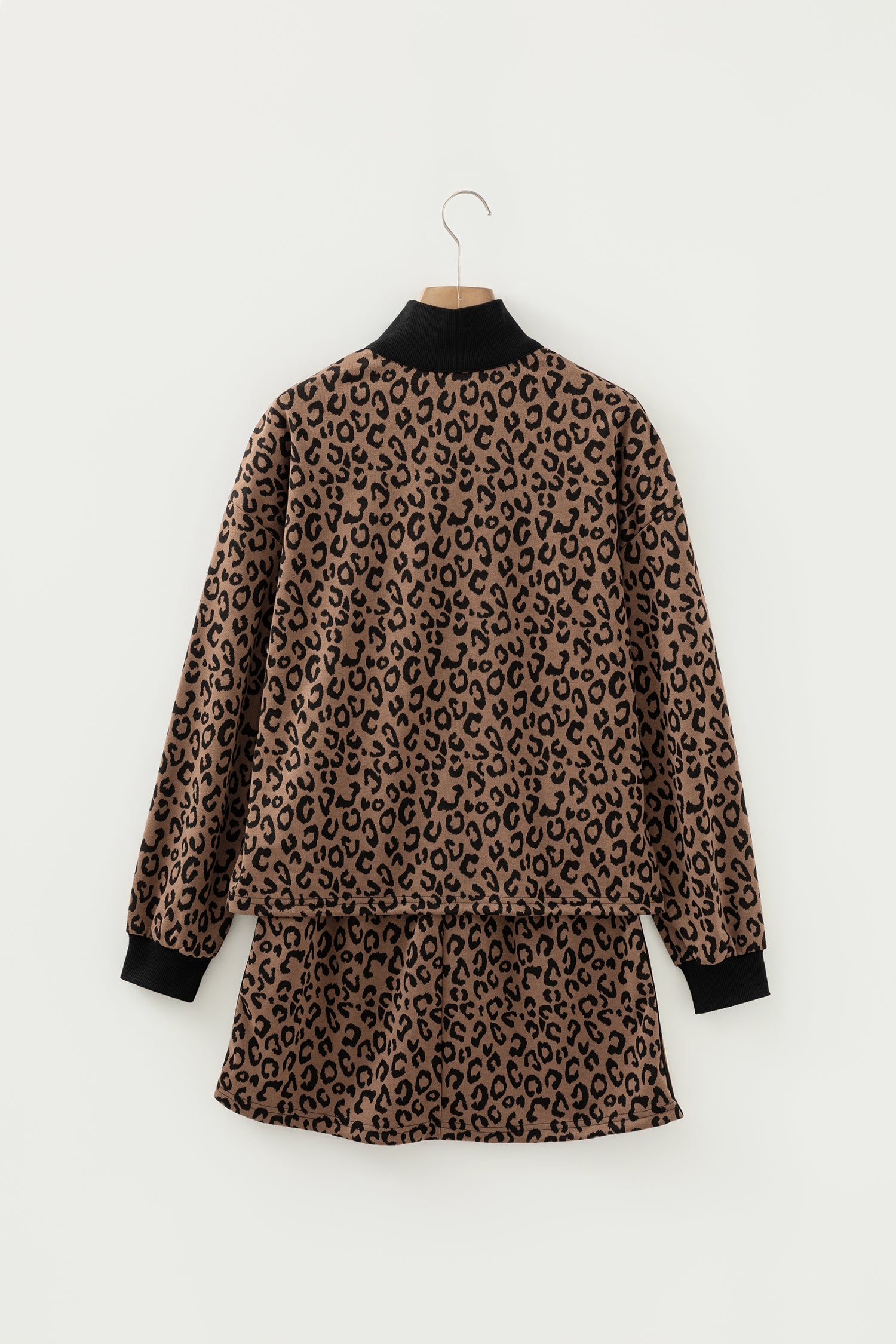 Khaki Leopard Print Quarter Zip Long Sleeve Top Mini Skirt Set - Snoopy's Closet