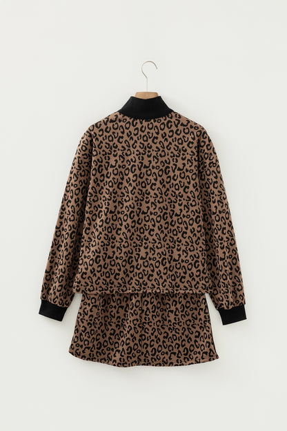 Khaki Leopard Print Quarter Zip Long Sleeve Top Mini Skirt Set - Snoopy's Closet