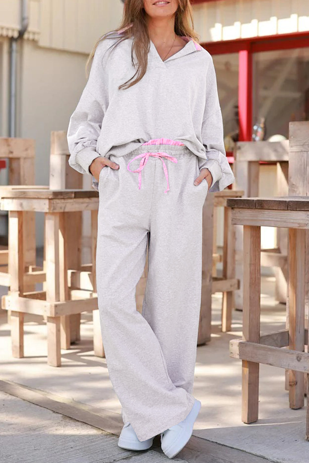 Light Grey 2pcs Contrasted Trim Frilled Collar Drop Shoulder Pullover Drawstring Pant Set - Snoopy's Closet
