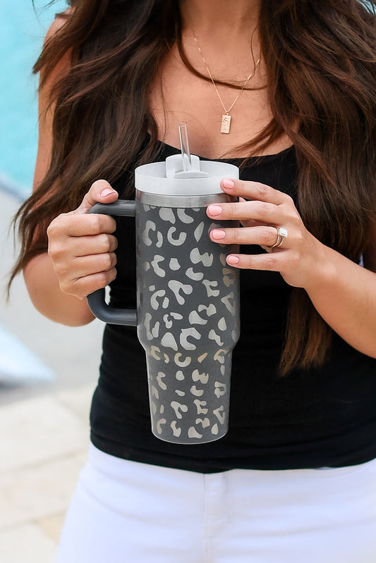 Vaso portátil de acero inoxidable de 40 oz con estampado de leopardo gris y asa
