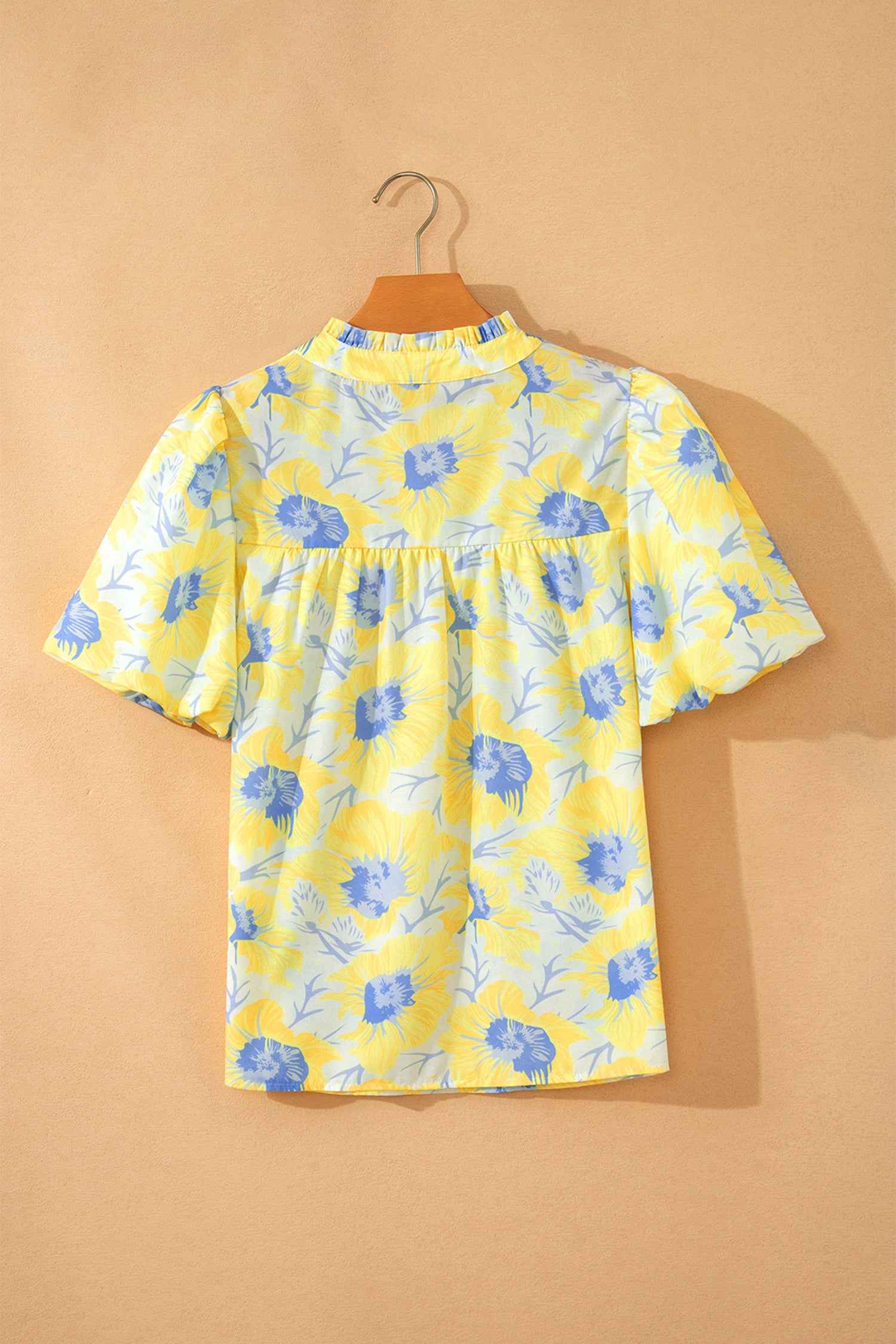 Green Short Bubble Sleeve Summer Floral Blouse