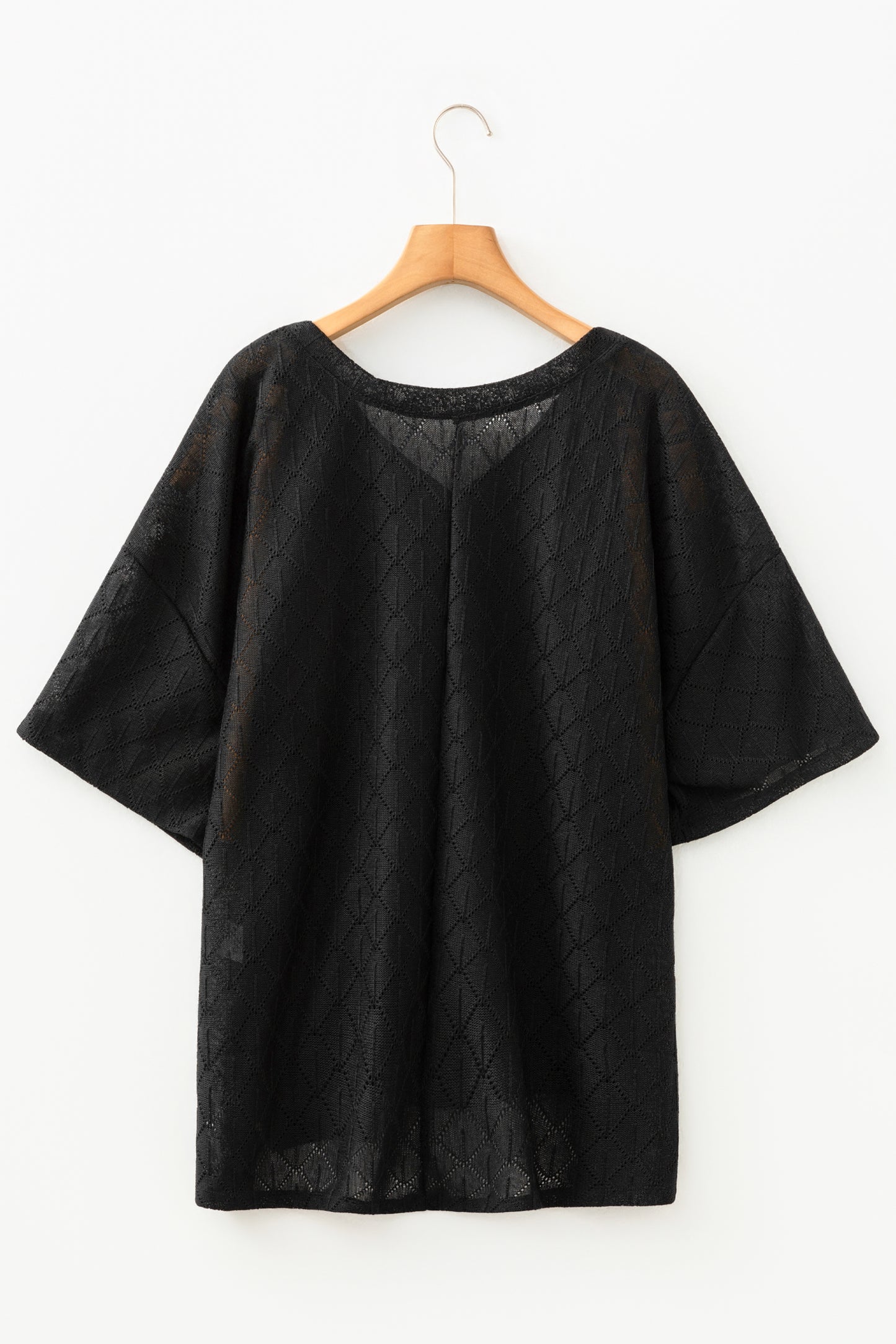 Top Holgado de Punto Calado Rombos con Cuello V Talla Grande Negro