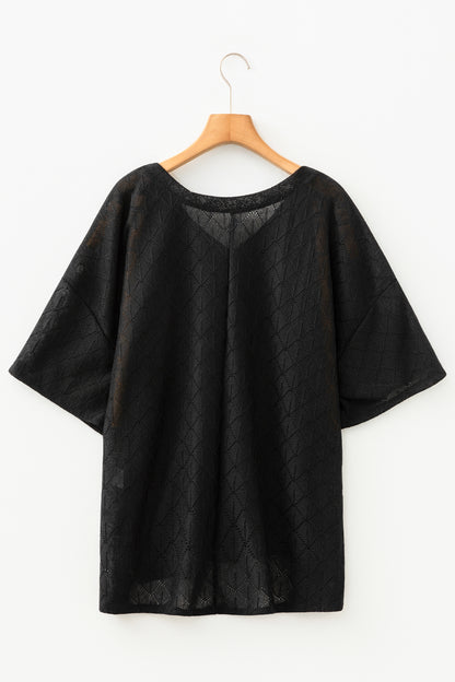 Top Holgado de Punto Calado Rombos con Cuello V Talla Grande Negro