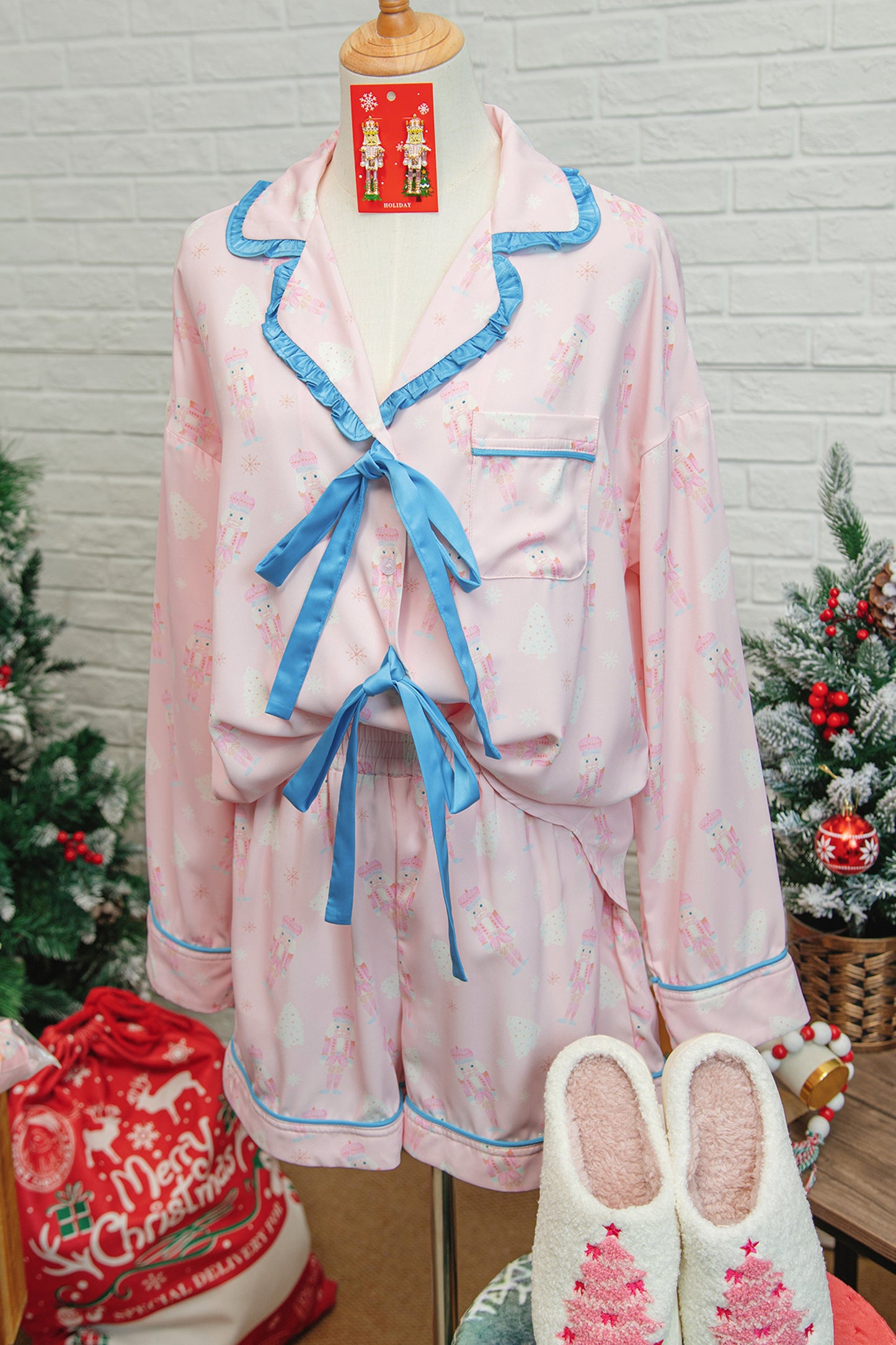 Pink Bow Tie Front Christmas Nutcracker Long Sleeve Shirt Shorts Pajama Set - Snoopy's Closet
