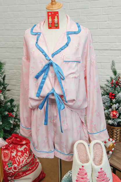 Pink Bow Tie Front Christmas Nutcracker Long Sleeve Shirt Shorts Pajama Set - Snoopy's Closet