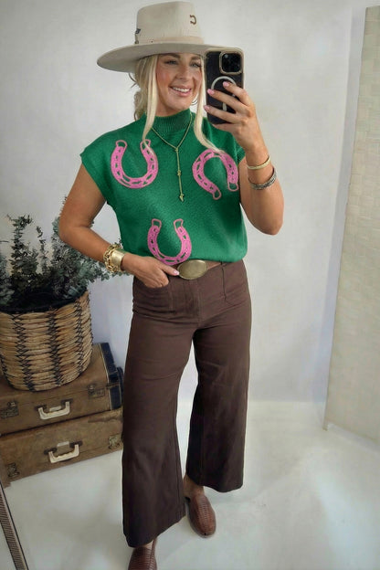 Suéter de manga corta con cuello simulado, ribete acanalado y herraduras con cordones en verde brillante