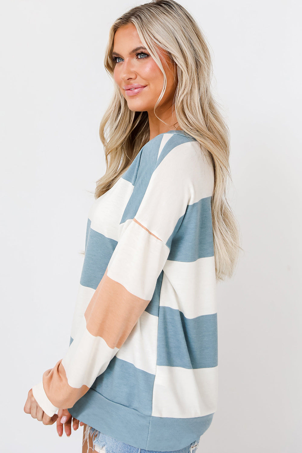 Light Blue Colorblock Striped Drop Shoulder Long Sleeve Top - Snoopy's Closet
