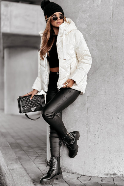 White Solid Quilted Hooded Zip Up Puffer Coat - Snoopy's Closet
