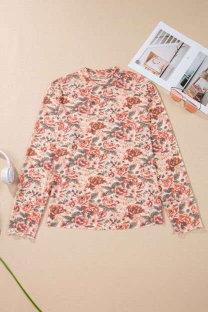 Pink Plus Size Floral Mock Neck Long Sleeve Slim Top - Snoopy's Closet