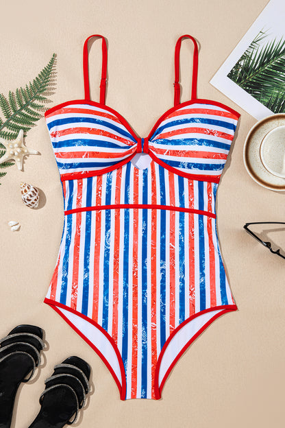 Red July 4th Stripes Star Floral Impression Cutout Spaghetti Straps One Piece Swimsuit - Snoopy's Closet