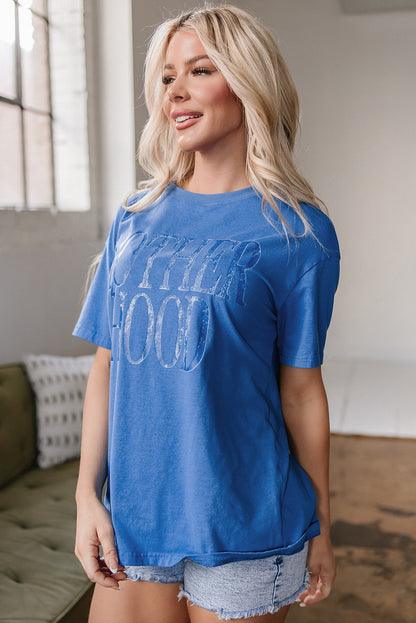 Sky Blue Vintage MOTHERHOOD Letter Graphic T Shirt - Snoopy's Closet