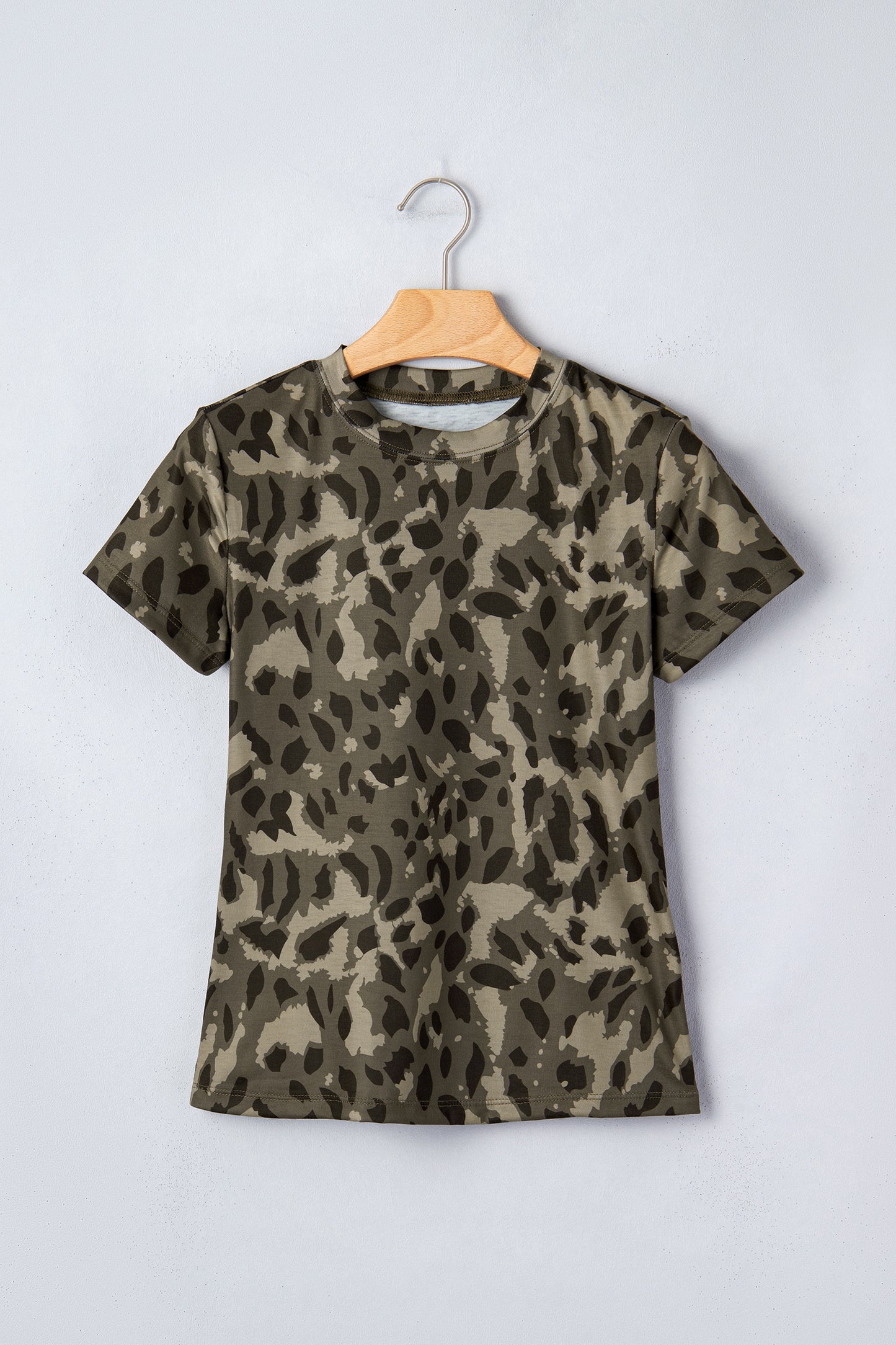 Brown Retro Leopard Print Mock Neck Slim Tee - Snoopy's Closet