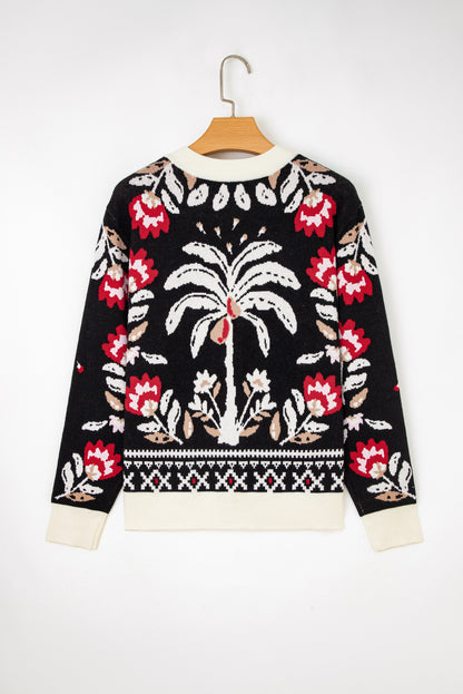 Black Floral Print Buttoned Front V Neck Knit Cardigan