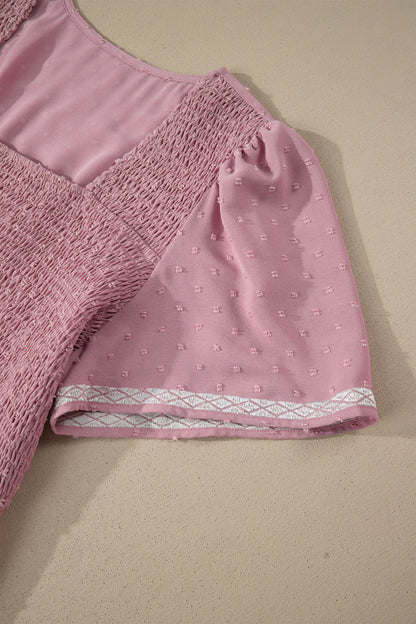 Vestido Midi Fluido Rosa Talla Grande con Manga Corta, Puntos Suizos y Cintura Fruncida