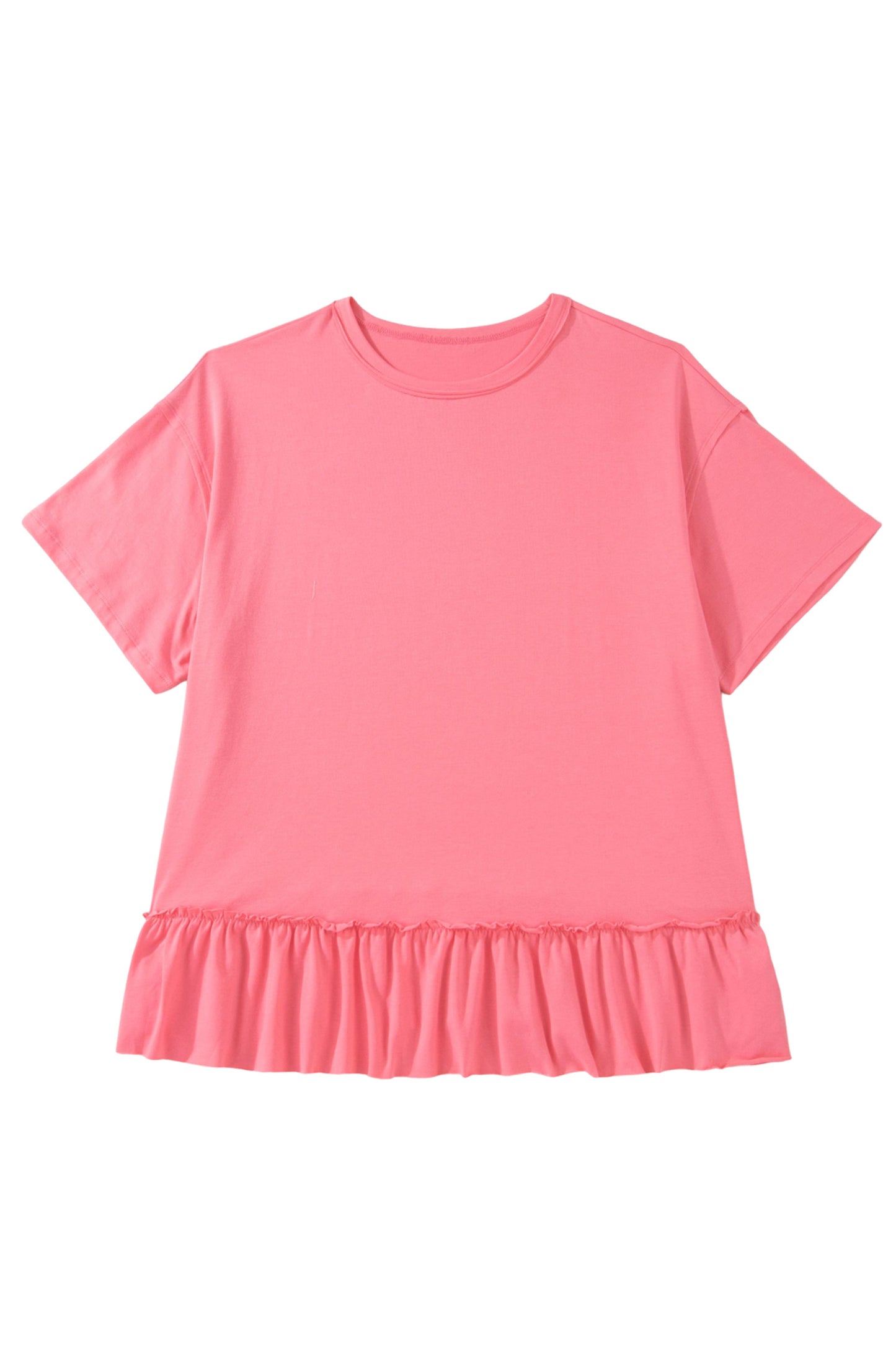 Camiseta talla grande color melocotón sólido con costura sin rematar y bajo con volantes