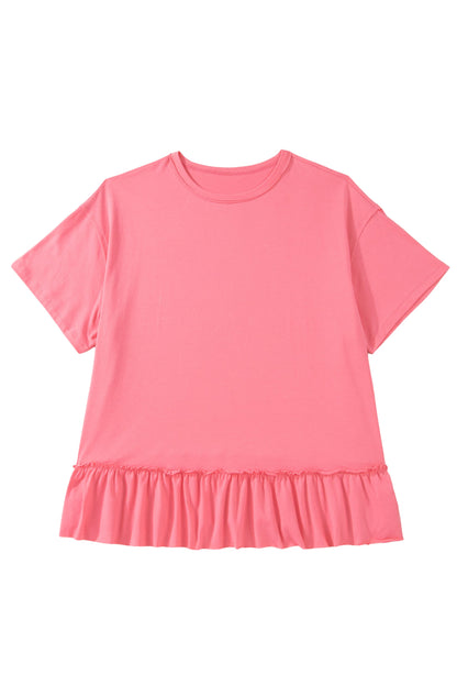 Camiseta talla grande color melocotón sólido con costura sin rematar y bajo con volantes