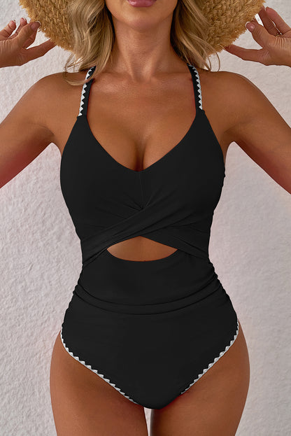 Rose Red Ric Rac Trim Contrasted Patchwork Cutout One Piece Swimsuit - Snoopy's Closet