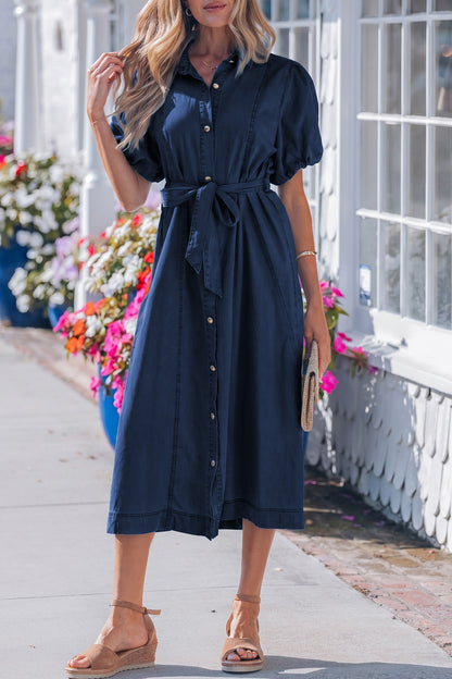 Sail Blue Full Buttons Collared Short Bubble Sleeve Long Denim Dress - Snoopy's Closet
