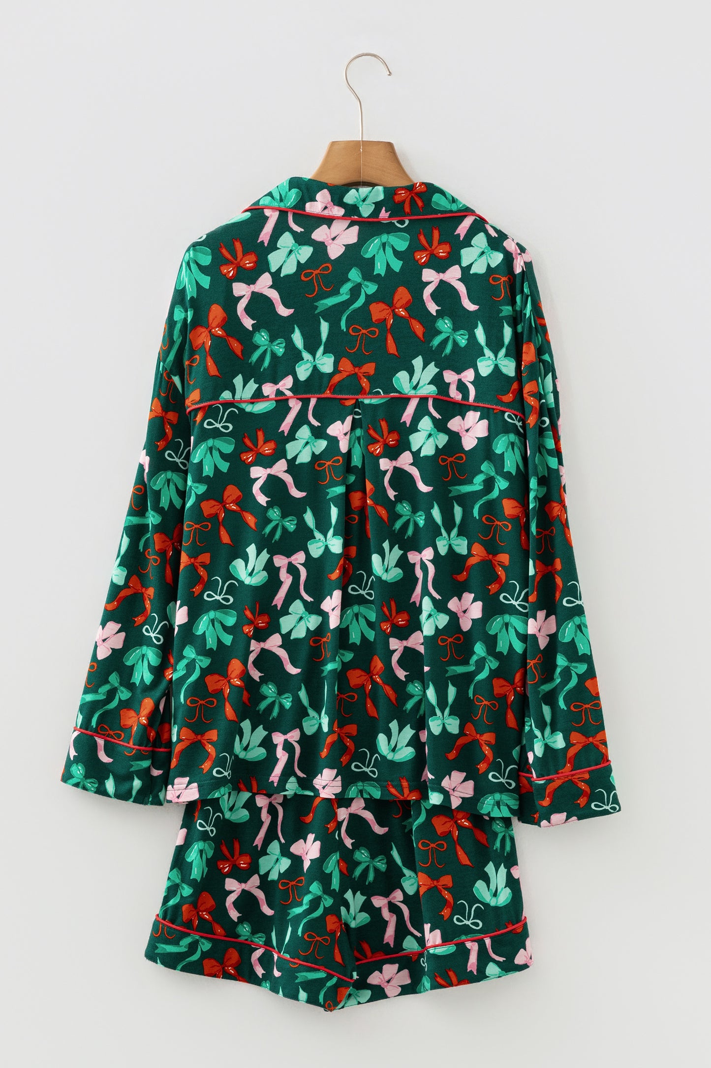 Green Festive Bow Print Long Sleeve Shirt and Pajama Short Set - Snoopy's Closet