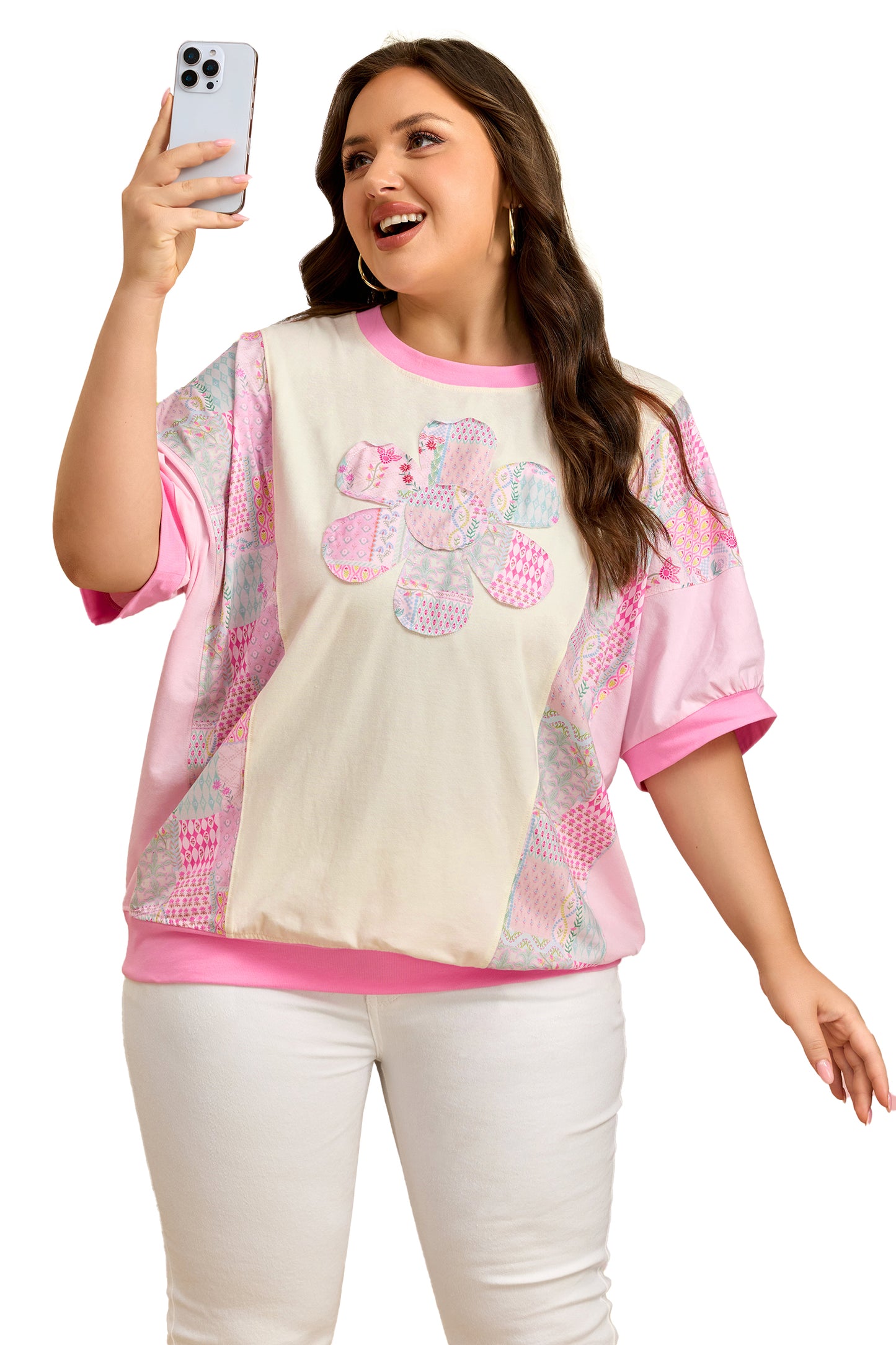 Camiseta de algodón de manga corta con estampado floral patchwork y bordado, talla grande, color beige