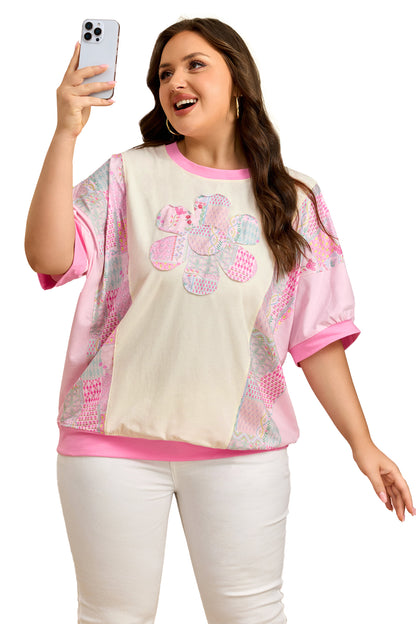 Camiseta de algodón de manga corta con estampado floral patchwork y bordado, talla grande, color beige