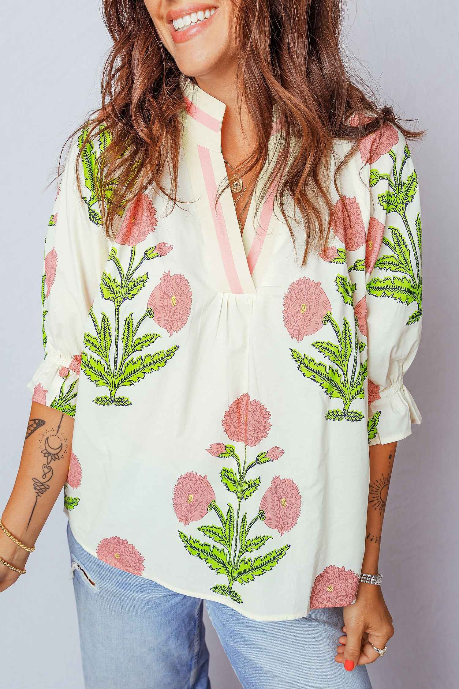 Green Casual Wild Flower Print V Neck 3/4 Sleeve Blouse