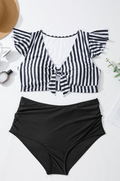 Traje de baño de 2 piezas de talla grande con estampado de rayas negras, nudo, abertura, manga con volantes y cintura alta