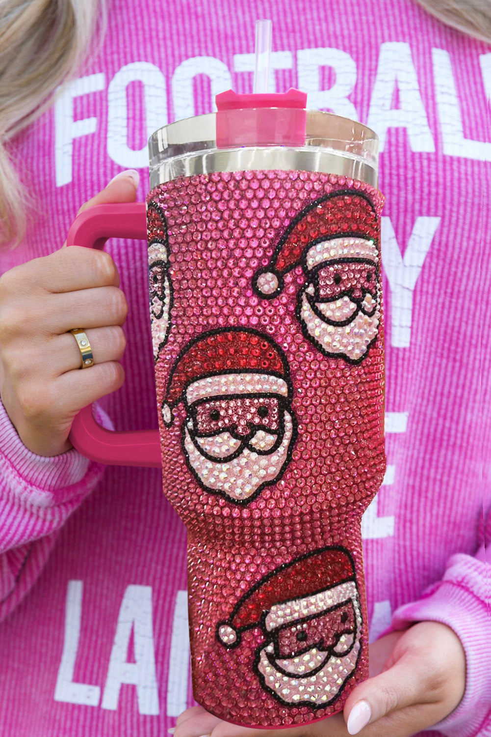Vaso Termo Diamantado de Papá Noel de Navidad Rojo Rosa con Pajita de 40oz