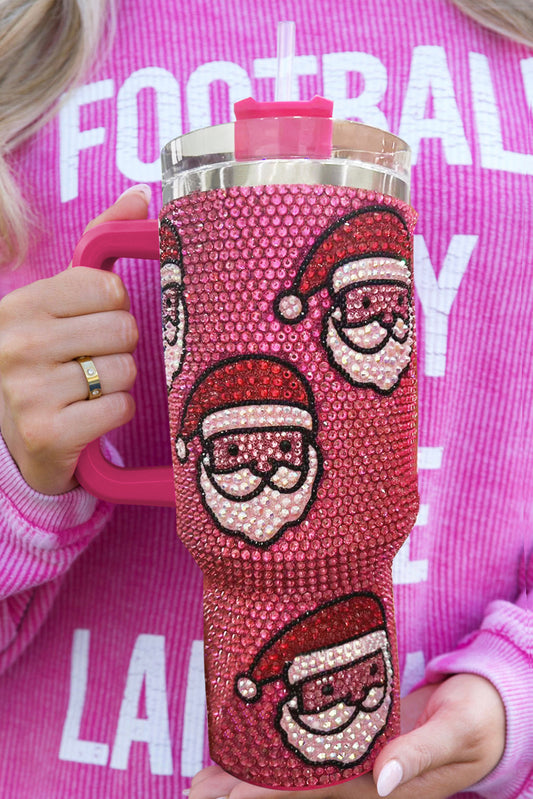 Vaso Termo Diamantado de Papá Noel de Navidad Rojo Rosa con Pajita de 40oz